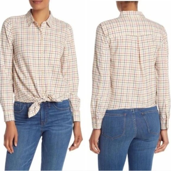 Madewell multi colored tattersall/windowpane tie front buttondown shirt - Picture 1 of 3